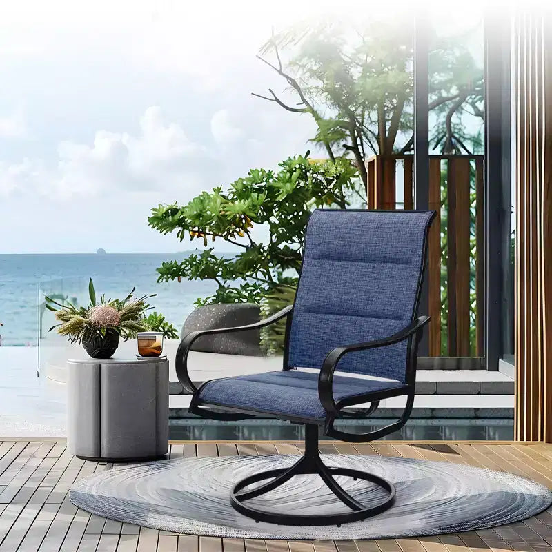 Captiva Designs set da 9 pezzi con ampio tavolo quadrato in metallo con piano a doghe e foro per ombrellone, e sedie girevoli in Textilene imbottite
