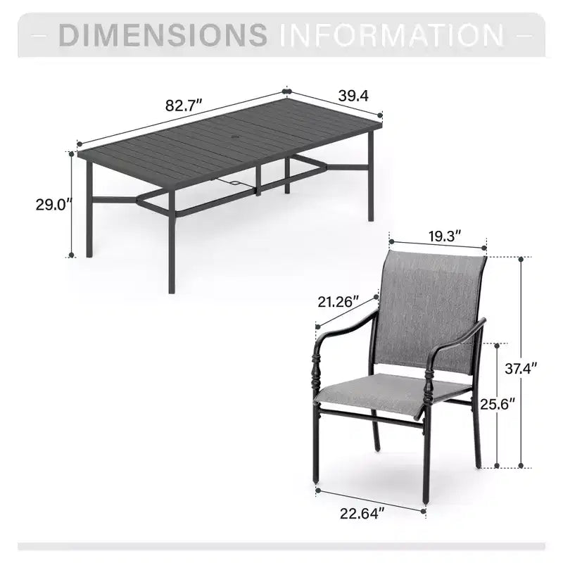 Captiva Designs Tavolo rettangolare spazioso da 9 pezzi con piano a doghe in metallo e foro per ombrellone e sedie fisse in acciaio con braccioli a zucca