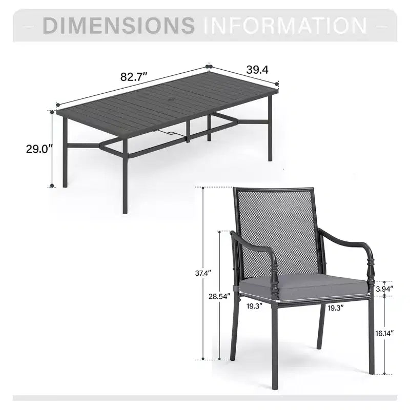 Captiva Designs Tavolo rettangolare spazioso da 9 pezzi con piano a doghe in metallo e foro per ombrellone e sedie fisse in acciaio con braccioli a zucca