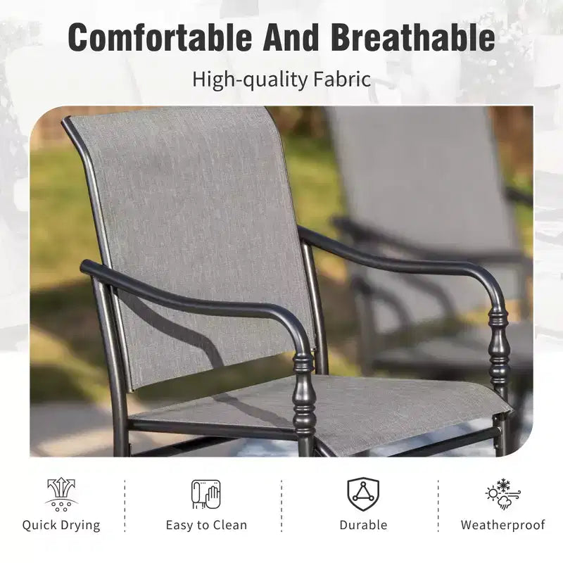 Captiva Designs Tavolo rettangolare spazioso da 9 pezzi con piano a doghe in metallo e foro per ombrellone e sedie fisse in acciaio con braccioli a zucca