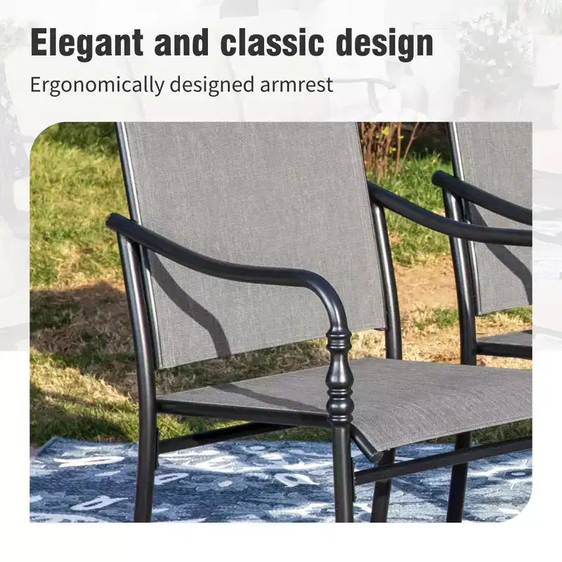 Captiva Designs Tavolo rettangolare spazioso da 9 pezzi con piano a doghe in metallo e foro per ombrellone e sedie fisse in acciaio con braccioli a zucca