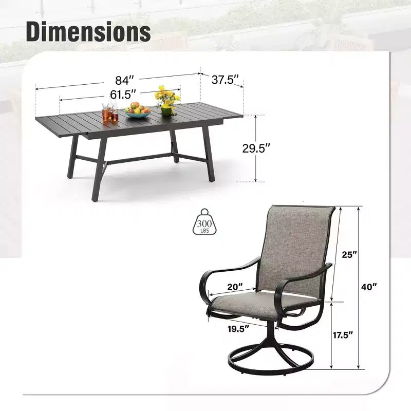 Captiva Designs Set da 9 Pezzi da Giardino Tavolo Rettangolare Estensibile in Acciaio Nero e Sedie Girevoli in Textilene