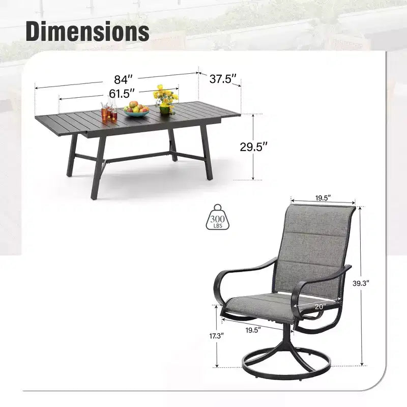 Captiva Designs Set da 9 Pezzi da Giardino Tavolo Rettangolare Estensibile in Acciaio Nero e Sedie Girevoli in Textilene