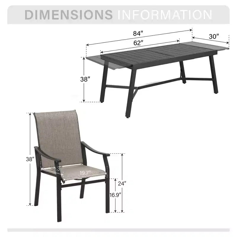 Captiva Designs Tavolo Rettangolare da Esterno 9 Pezzi in Acciaio Nero e Sedie Fisse in Textilene Marrone