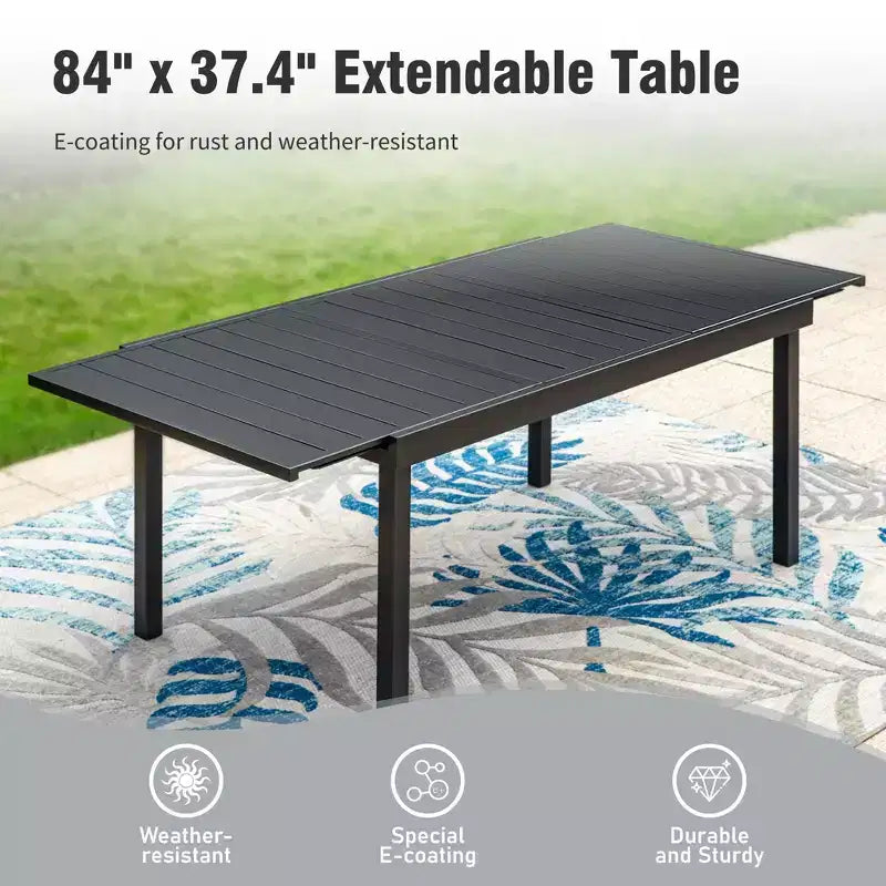 Captiva Designs Tavolo Rettangolare da Esterno 9 Pezzi in Acciaio Nero e Sedie Fisse in Textilene Marrone