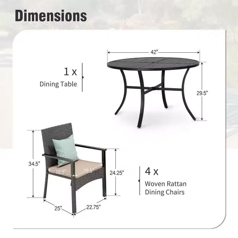 Captiva Designs Set da pranzo da 5 pezzi per esterni con tavolo in acciaio e foro per ombrellone e sedie in rattan con cuscini sfoderabili
