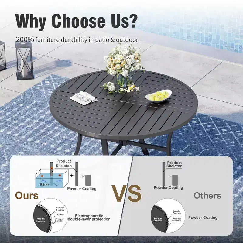 Captiva Designs Set da pranzo da 5 pezzi per esterni con tavolo in acciaio e foro per ombrellone e sedie in rattan con cuscini sfoderabili