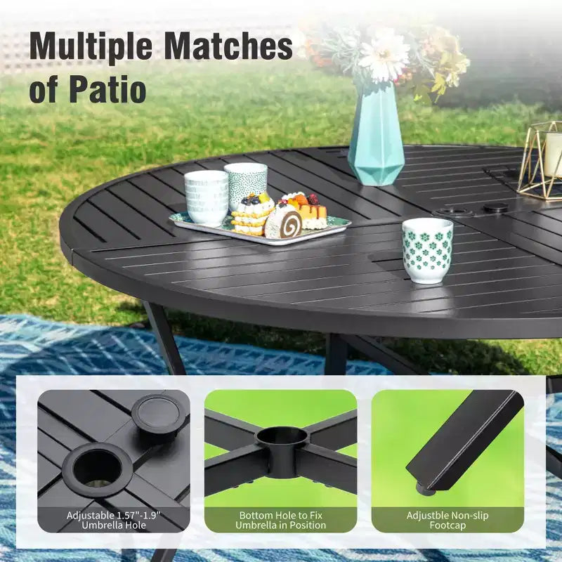 Captiva Designs Set da pranzo da 5 pezzi per esterni con tavolo in acciaio e foro per ombrellone e sedie in rattan con cuscini sfoderabili