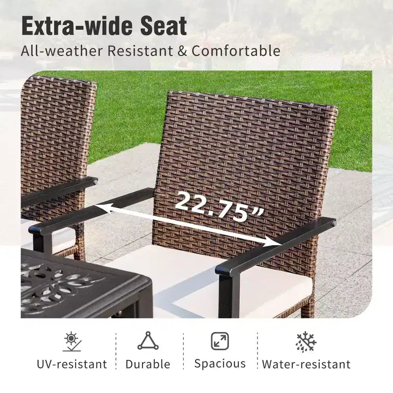Captiva Designs Set da pranzo da 5 pezzi per esterni con tavolo in acciaio e foro per ombrellone e sedie in rattan con cuscini sfoderabili