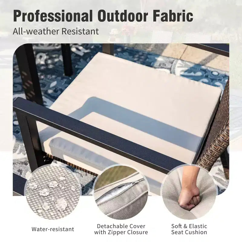 Captiva Designs Set da pranzo da 5 pezzi per esterni con tavolo in acciaio e foro per ombrellone e sedie in rattan con cuscini sfoderabili