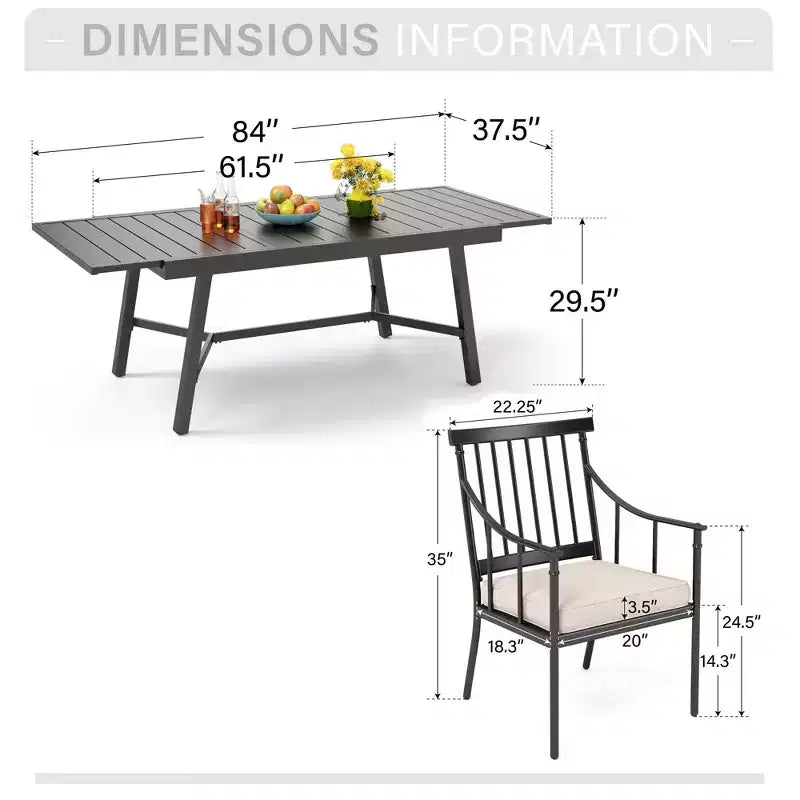 Captiva Designs Set da 9 pezzi, tavolo rettangolare in acciaio con piano a doghe regolabile e sedie a braccioli eleganti con cuscini per patio