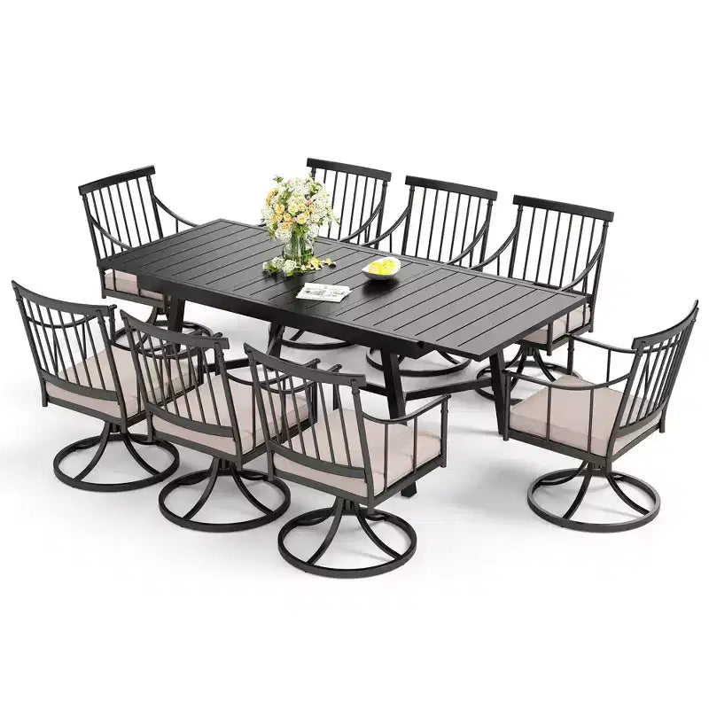 Captiva Designs Set da 9 pezzi, tavolo rettangolare in acciaio con piano a doghe regolabile e sedie a braccioli eleganti con cuscini per patio