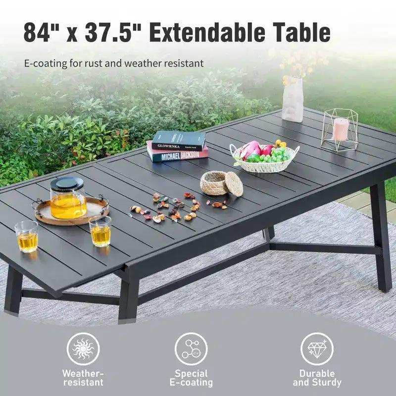 Captiva Designs Set da 9 pezzi, tavolo rettangolare in acciaio con piano a doghe regolabile e sedie a braccioli eleganti con cuscini per patio