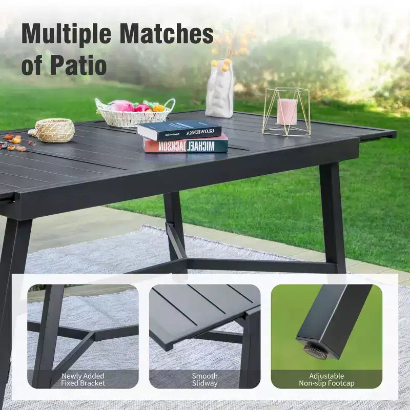 Captiva Designs Set da 9 pezzi, tavolo rettangolare in acciaio con piano a doghe regolabile e sedie a braccioli eleganti con cuscini per patio