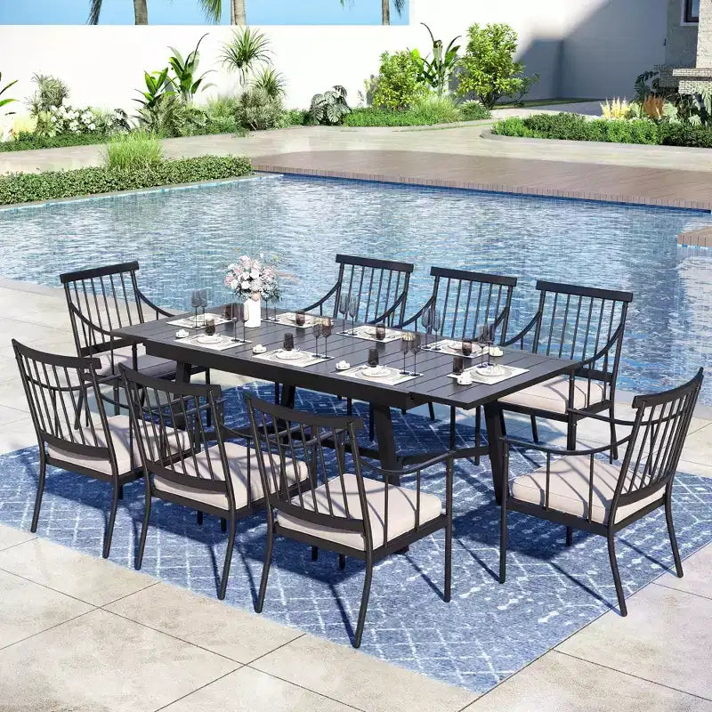 Captiva Designs 9pc Patio Slat-top Adjustable Steel Rectangle Table & Stylish Arm Chairs with Cushions