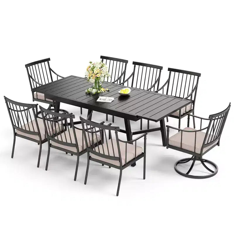 Set da pranzo da patio Captiva Designs, 9 pezzi, con tavolo rettangolare regolabile in acciaio con piano a doghe e poltroncine eleganti con cuscini