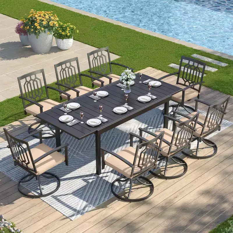 Tavolo da pranzo rettangolare in acciaio con piano a doghe regolabile e sedie in metallo nero Captiva Designs, 9 pezzi per patio