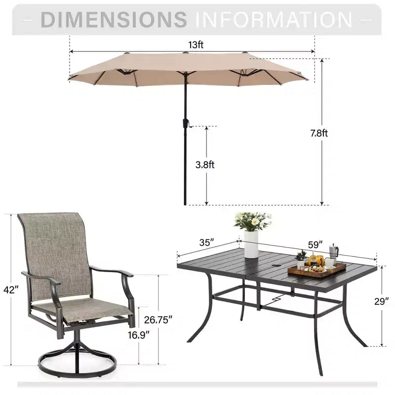 Captiva Desighttps Set pranzo da patio 8 pezzi con tavolo rettangolare in acciaio con piano a doghe e sedie girevoli imbottite in tessuto a fionda e ombrellone a palo centrale