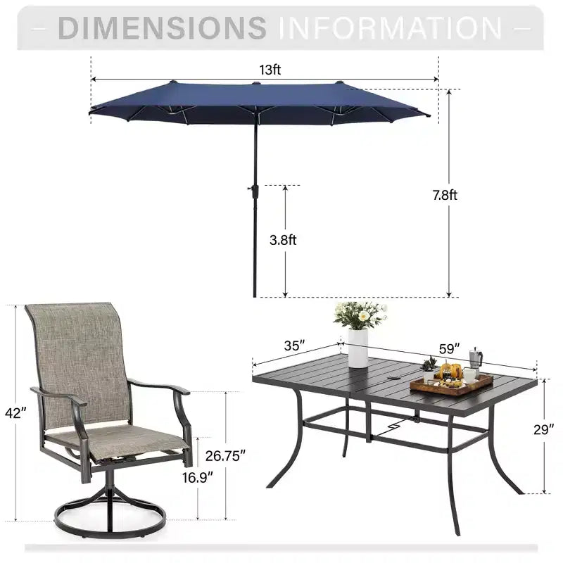 Captiva Desighttps Set pranzo da patio 8 pezzi con tavolo rettangolare in acciaio con piano a doghe e sedie girevoli imbottite in tessuto a fionda e ombrellone a palo centrale