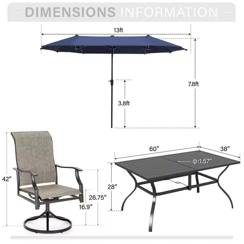 Captiva Desighttps Set pranzo da patio 8 pezzi con tavolo rettangolare in acciaio con piano a doghe e sedie girevoli imbottite in tessuto a fionda e ombrellone a palo centrale
