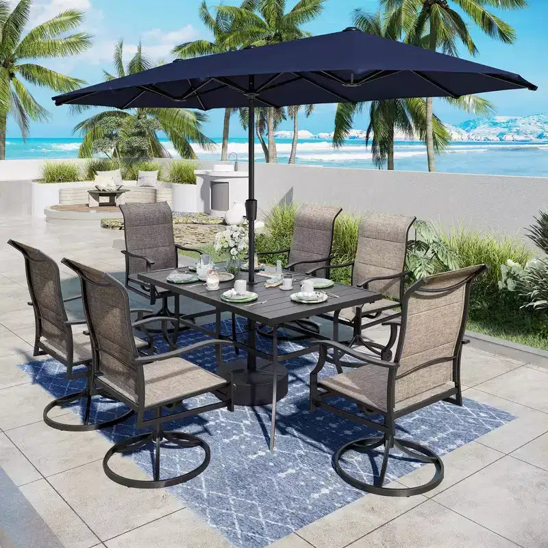 Set da pranzo da patio Captiva Desighttps, 8 pezzi, con tavolo rettangolare in acciaio con piano a doghe, sedie girevoli con imbracatura imbottita e ombrellone da mercato