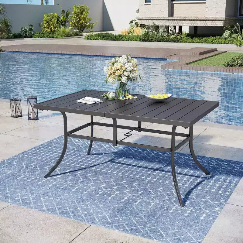 Captiva Designs Set da 7 Pezzi da Pranzo per Patio con Tavolo in Acciaio con Piano a Liste e Sedie in Rattan Beige con Cuscini