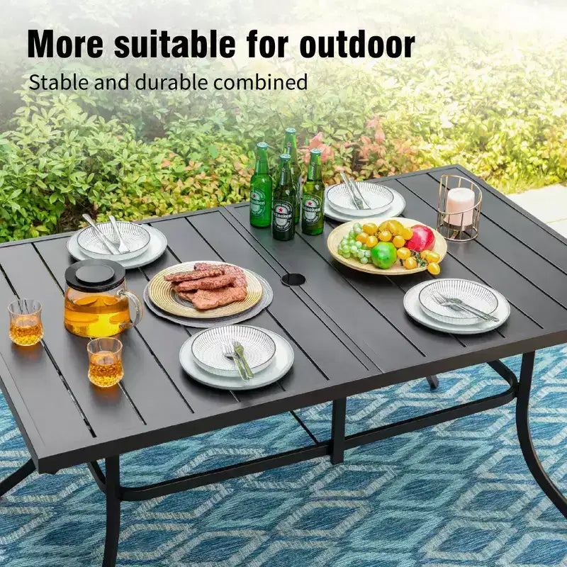 Captiva Designs Set da 7 Pezzi da Pranzo per Patio con Tavolo in Acciaio con Piano a Liste e Sedie in Rattan Beige con Cuscini