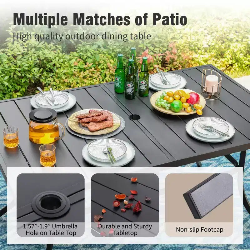Captiva Designs Set da 7 Pezzi da Pranzo per Patio con Tavolo in Acciaio con Piano a Liste e Sedie in Rattan Beige con Cuscini