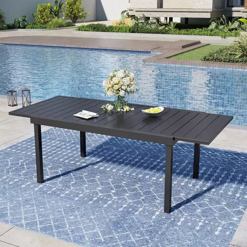 Captiva Designs Set da 7 Pezzi da Pranzo per Patio con Tavolo in Acciaio con Piano a Liste e Sedie in Rattan Beige con Cuscini