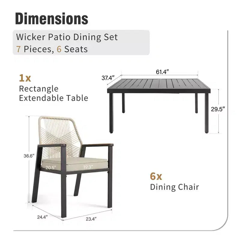 Captiva Designs Set da 7 Pezzi da Pranzo per Patio con Tavolo in Acciaio con Piano a Liste e Sedie in Rattan Beige con Cuscini