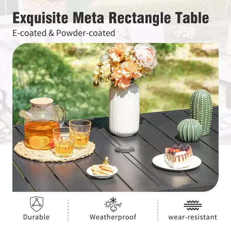 Captiva Designs Set da 7 Pezzi da Pranzo per Patio con Tavolo in Acciaio con Piano a Liste e Sedie in Rattan Beige con Cuscini