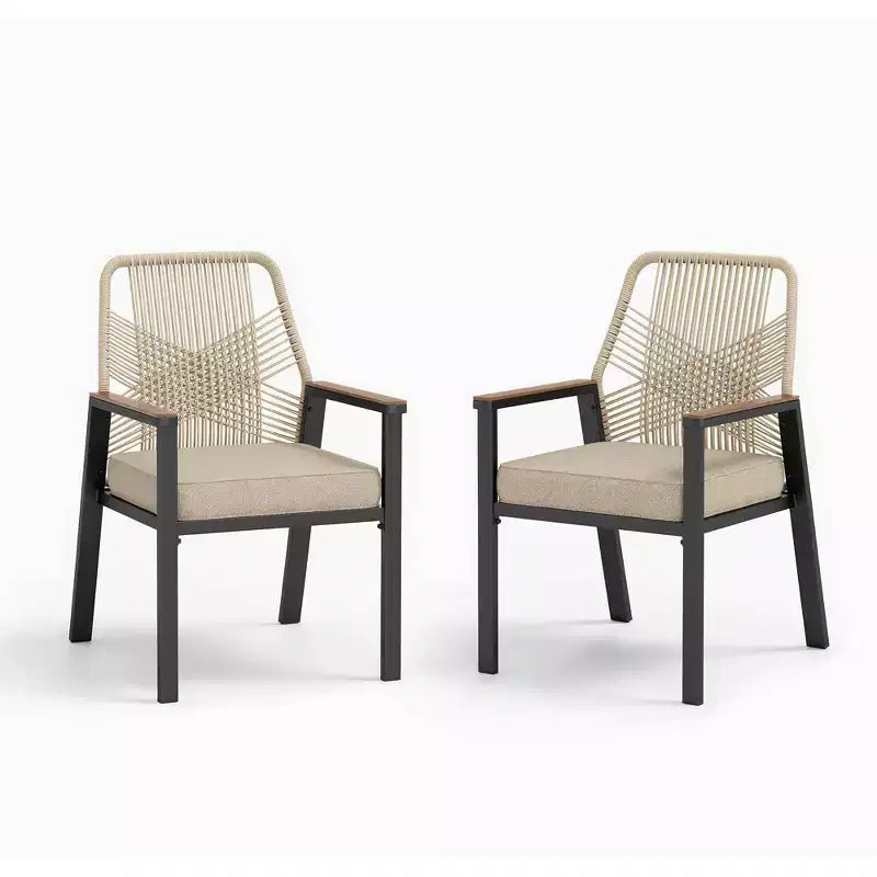Captiva Designs Set da 7 Pezzi da Pranzo per Patio con Tavolo in Acciaio con Piano a Liste e Sedie in Rattan Beige con Cuscini