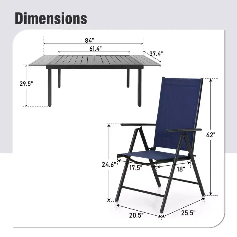 Set da pranzo da esterni Captiva Designs 9 pezzi con tavolo rettangolare in acciaio regolabile con piano a doghe e sedie pieghevoli con seduta in textilene