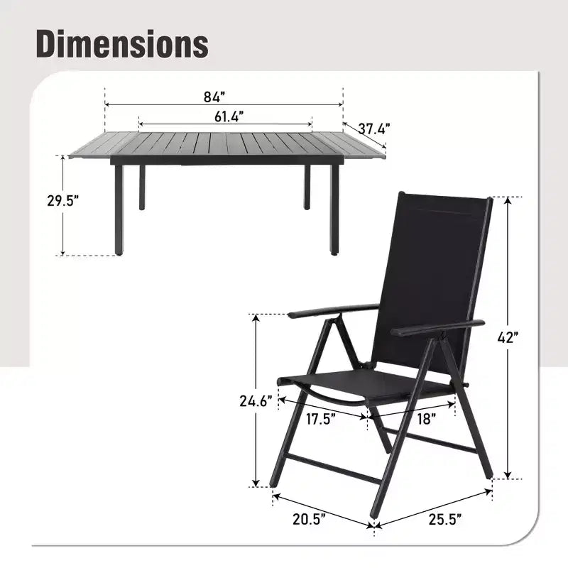 Set da pranzo da esterni Captiva Designs 9 pezzi con tavolo rettangolare in acciaio regolabile con piano a doghe e sedie pieghevoli con seduta in textilene