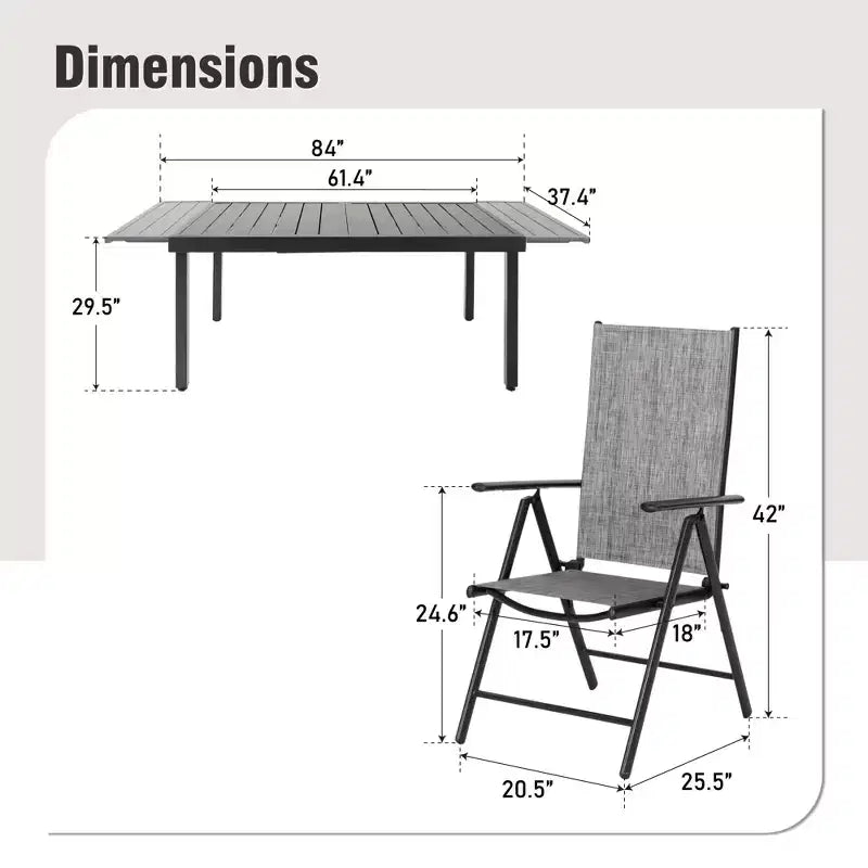 Set da pranzo da esterni Captiva Designs 9 pezzi con tavolo rettangolare in acciaio regolabile con piano a doghe e sedie pieghevoli con seduta in textilene