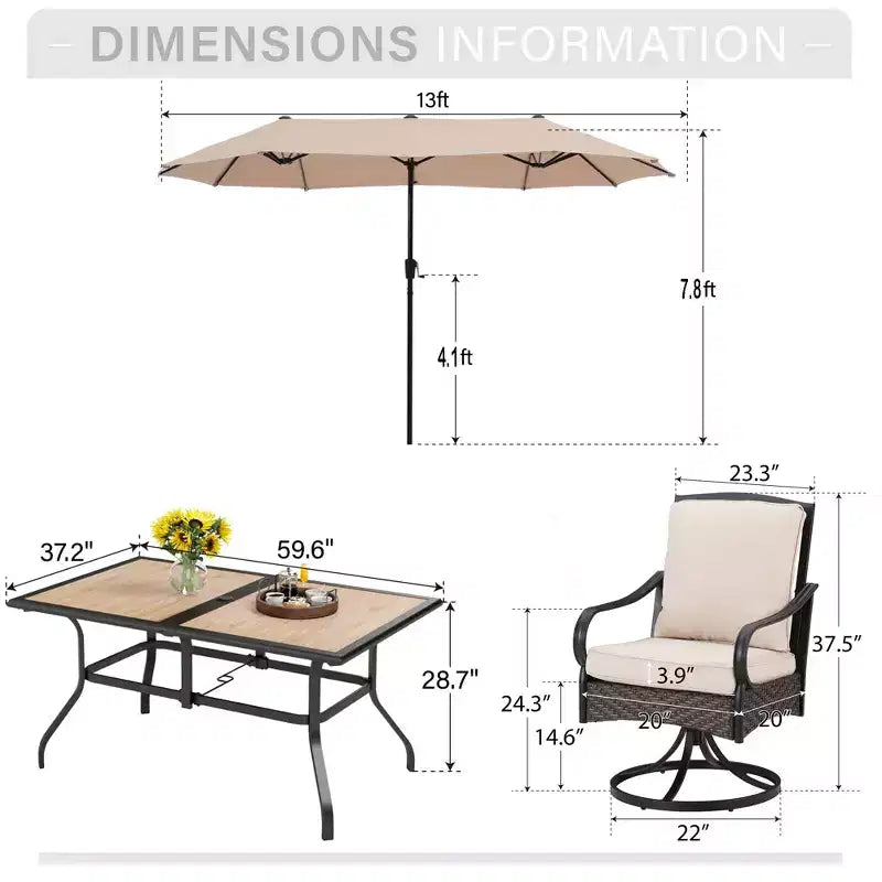 Captiva Designs Set da 8 Pezzi per Esterni: Tavolo da Pranzo Rettangolare in Acciaio, Sedie Girevoli in Rattan e Ombrellone Beige