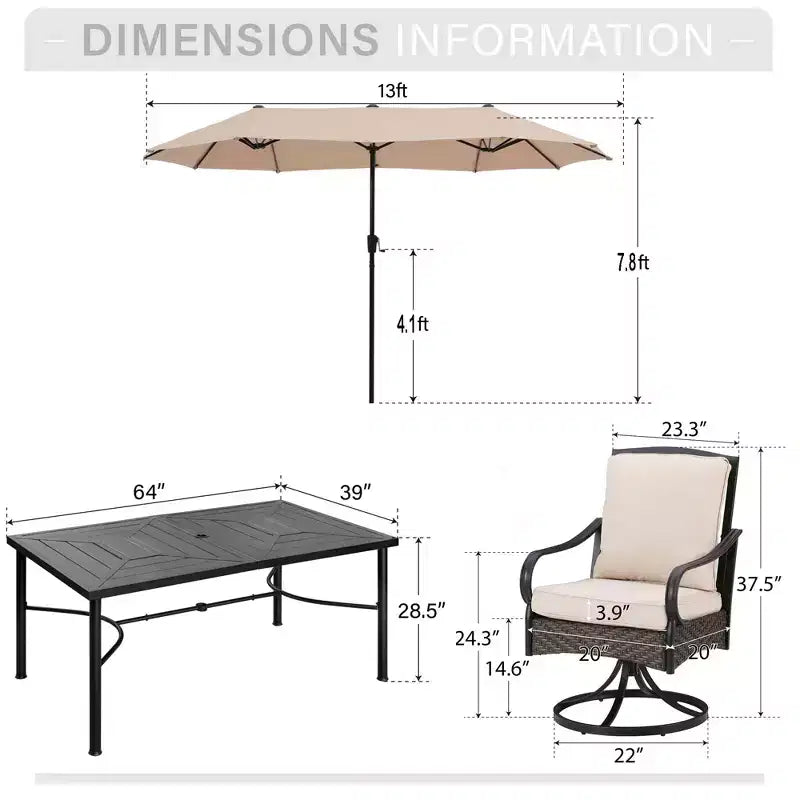 Captiva Designs Set da 8 Pezzi per Esterni: Tavolo da Pranzo Rettangolare in Acciaio, Sedie Girevoli in Rattan e Ombrellone Beige