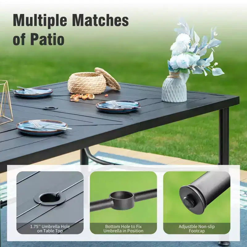 Captiva Designs Set da 8 Pezzi per Esterni: Tavolo da Pranzo Rettangolare in Acciaio, Sedie Girevoli in Rattan e Ombrellone Beige
