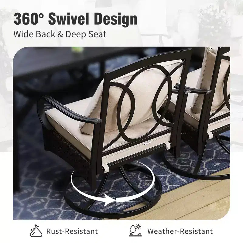 Captiva Designs Set da 8 Pezzi per Esterni: Tavolo da Pranzo Rettangolare in Acciaio, Sedie Girevoli in Rattan e Ombrellone Beige
