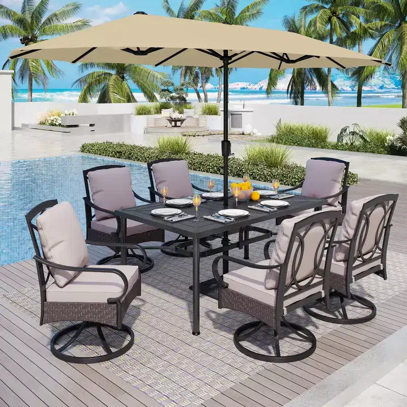 Captiva Designs 8pc Outdoor Patio Rectangle Steel Dining Table & Rattan Swivel Chairs & Beige Umbrella