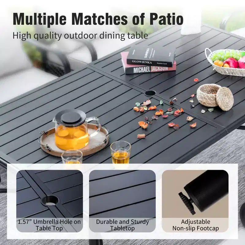 Set da pranzo da esterno Captiva Designs da 7 pezzi con tavolo rettangolare con piano a doghe e sedie impilabili in metallo