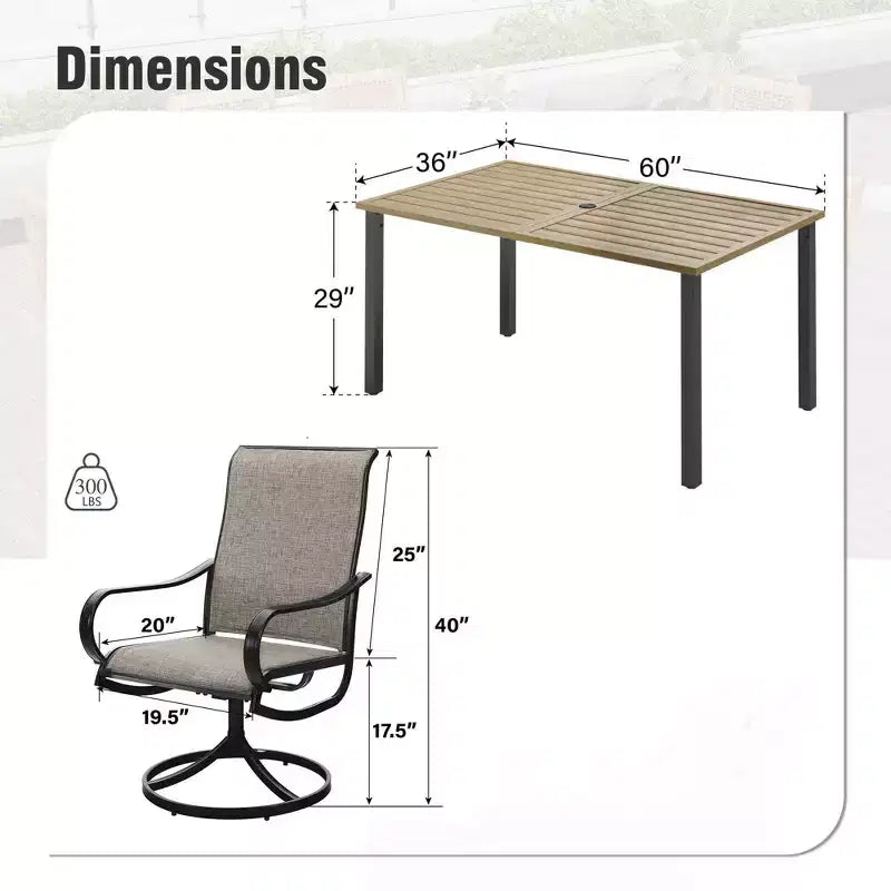 Captiva Designs Set da pranzo da 7 pezzi da esterno con tavolo rettangolare in acciaio, foro per ombrellone e sedie girevoli in Textilene