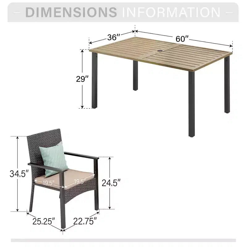 Captiva Designs Set da pranzo 7 pezzi con tavolo in acciaio con ripiano a doghe e foro per ombrellone e sedie in rattan con braccioli imbottiti