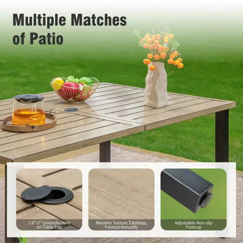 Captiva Designs Set da pranzo 7 pezzi con tavolo in acciaio con ripiano a doghe e foro per ombrellone e sedie in rattan con braccioli imbottiti