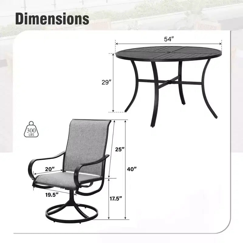 Captiva Designs Set da 7 Pezzi, Tavolo Rotondo in Acciaio a Doghe Nere con Foro per Ombrellone e Sedie Girevoli in Textilene