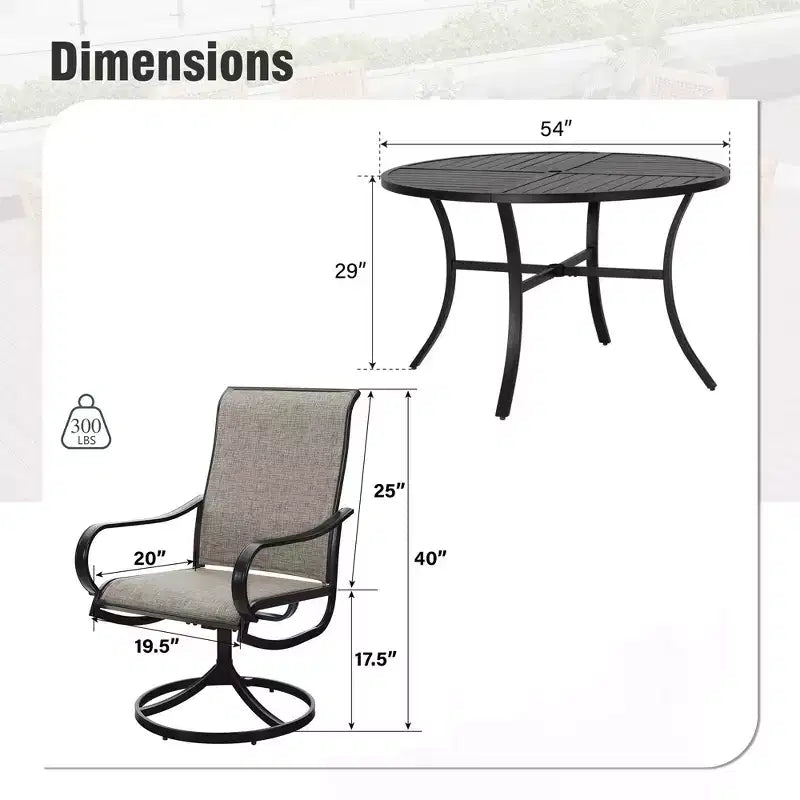 Captiva Designs Set da 7 Pezzi, Tavolo Rotondo in Acciaio a Doghe Nere con Foro per Ombrellone e Sedie Girevoli in Textilene