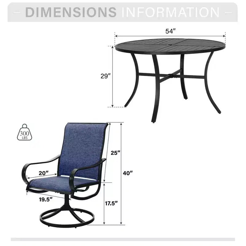 Captiva Designs Set da 7 Pezzi, Tavolo Rotondo in Acciaio a Doghe Nere con Foro per Ombrellone e Sedie Girevoli in Textilene