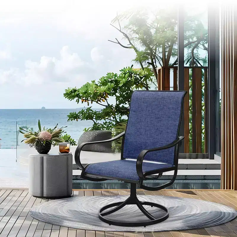Captiva Designs Set da 7 Pezzi, Tavolo Rotondo in Acciaio a Doghe Nere con Foro per Ombrellone e Sedie Girevoli in Textilene
