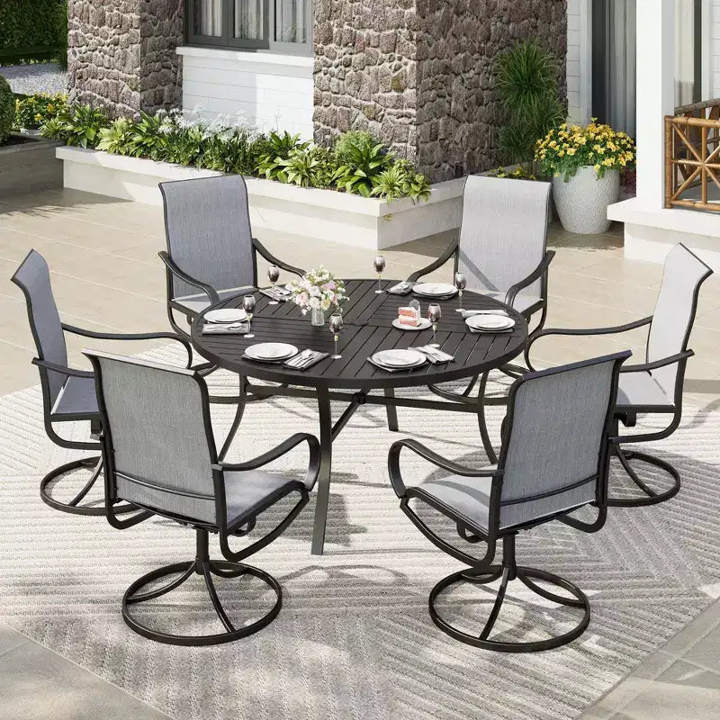 Captiva Designs 7pc Black Round Slatted Steel Table with Umbrella Hole & Textilene Swivel Chairs