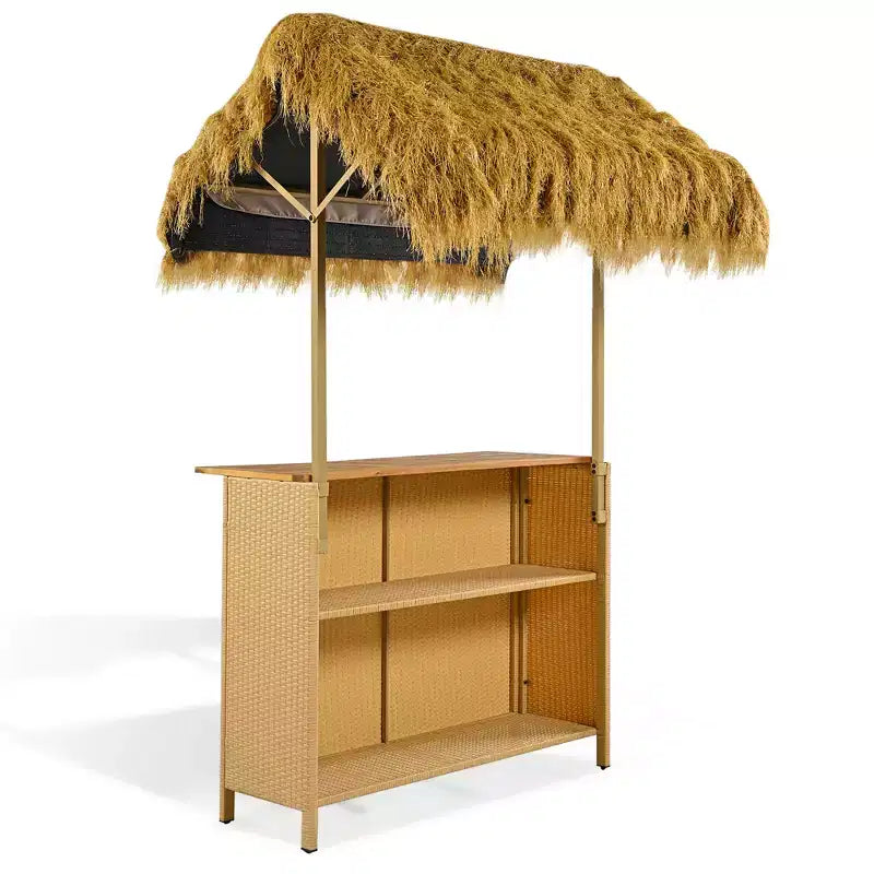 Set da bar 3 pezzi per patio, tavolo e sgabelli da esterno altezza bar con tettuccio, piedini regolabili, piano in legno per mangiare e bere, naturale -ModernLuxe